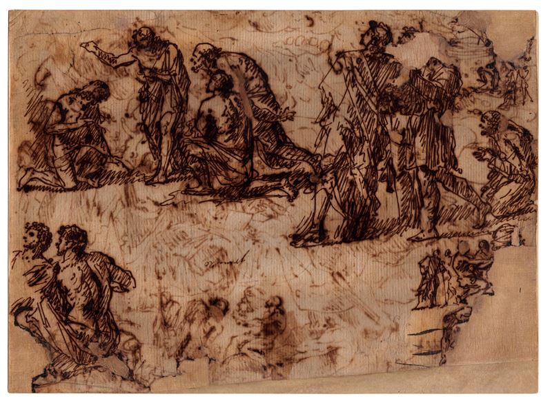 Fronte: Studio per battesimo di Cristo e varie figure | Verso: Varii studi anatomici