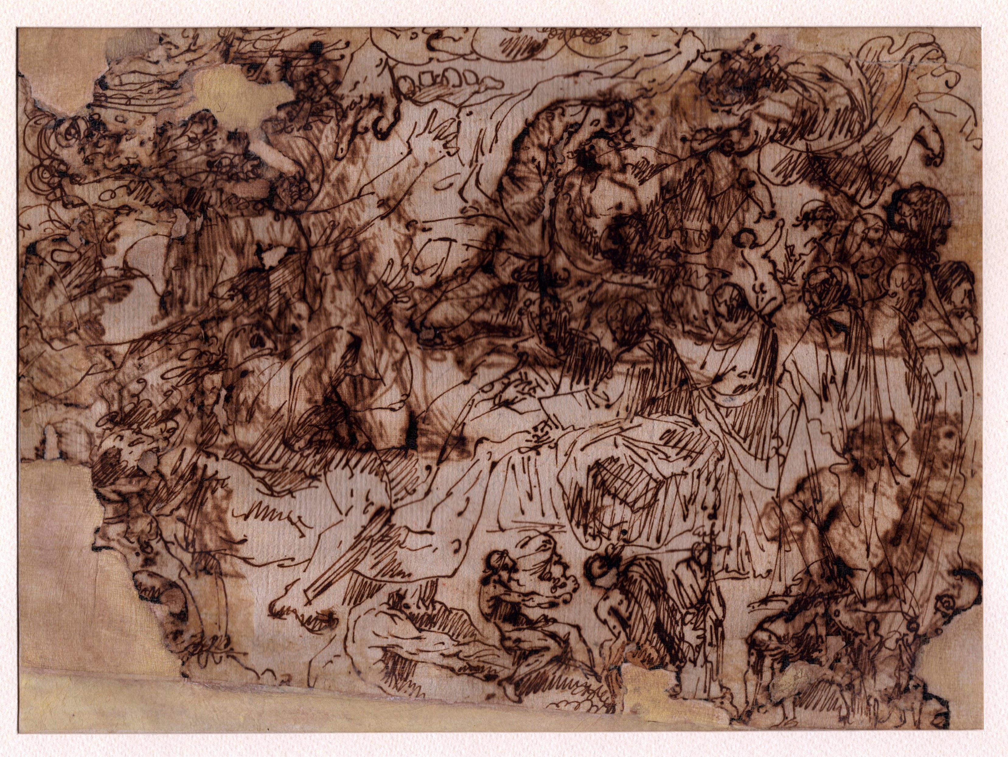 Fronte: Studio per battesimo di Cristo e varie figure | Verso: Varii studi anatomici