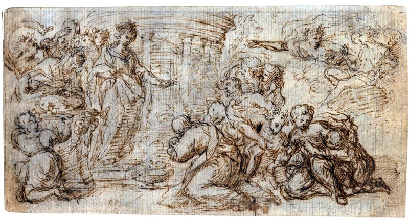 Scena classica di sacrificio con corteo regale