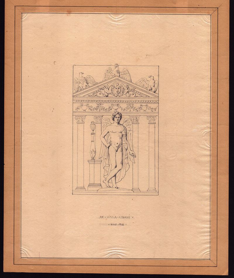 Statua di Eros di fronte al Tempio di Diana a Villa Albani, Roma