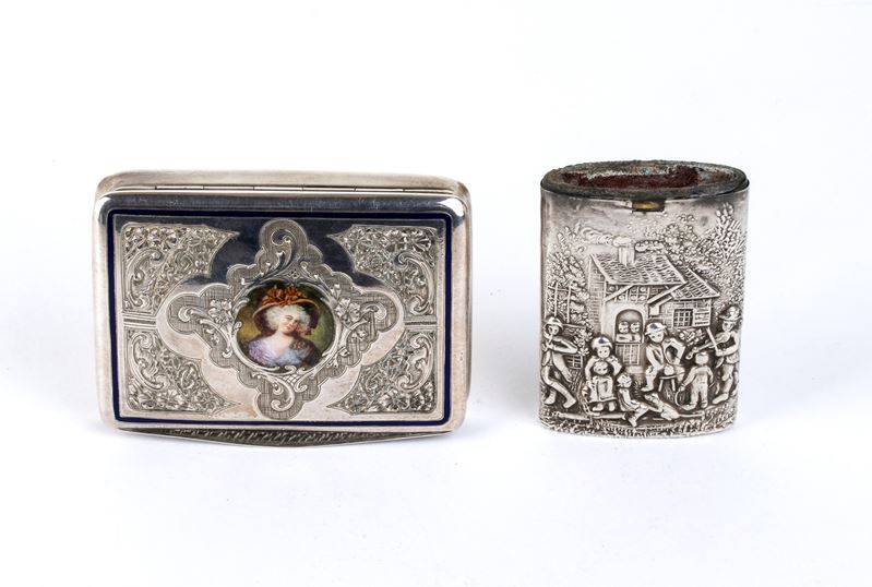 Tabacchiera italiana e portafiammiferi, argento 800/1000 e 830/1000