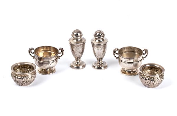 Three pairs of English solid silver salt shakers 