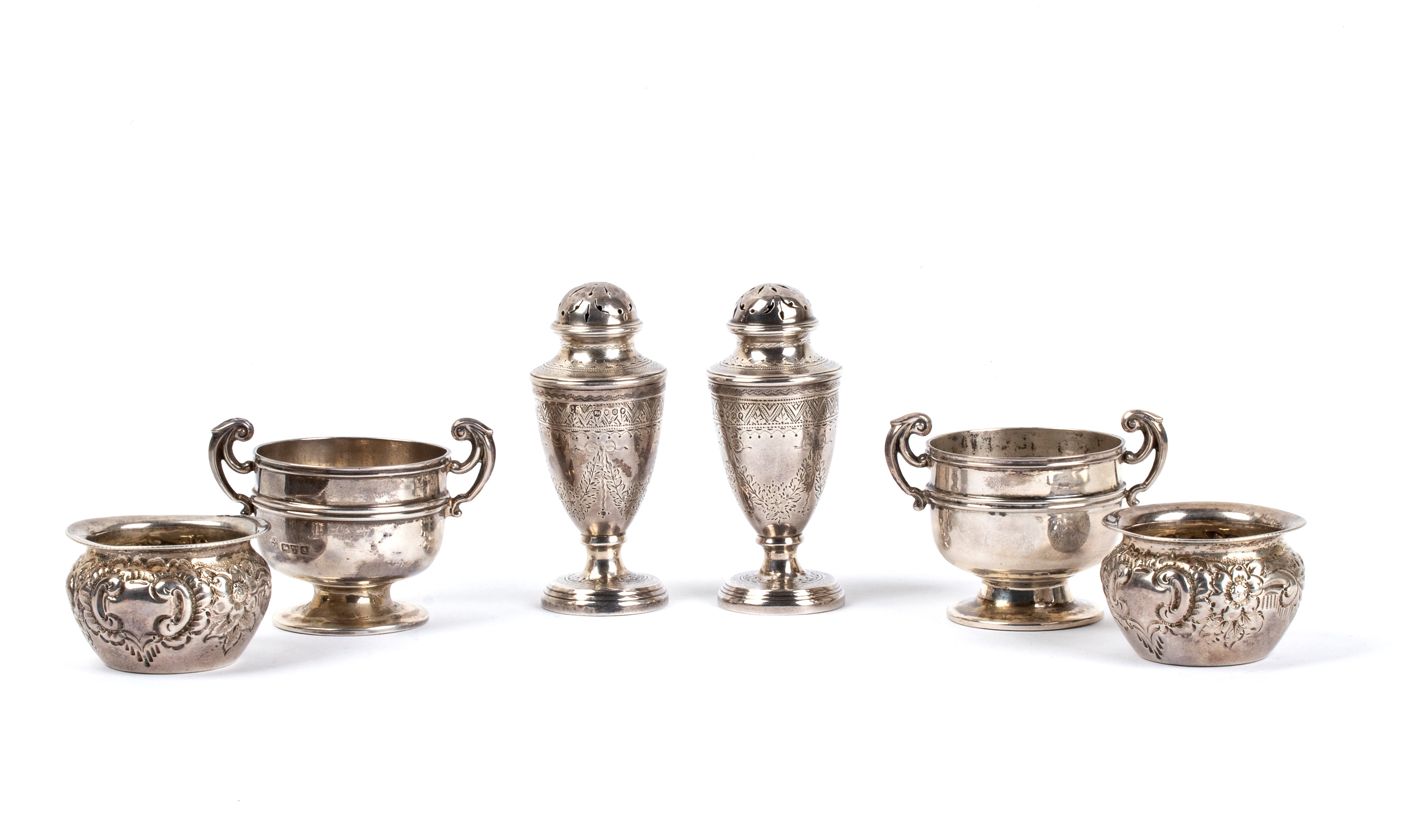 Tre coppie di saliere inglesi in argento