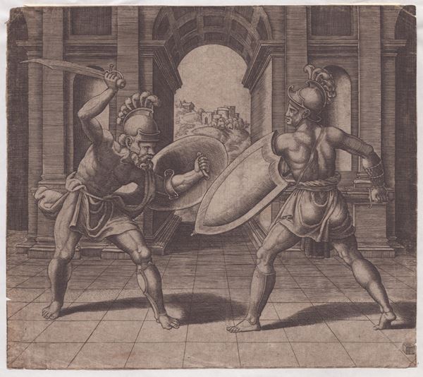 Maestro del Dado (1530-1560 fl.) - Due gladiatori che combattono