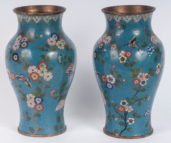 Pair of enamelled bronze vases