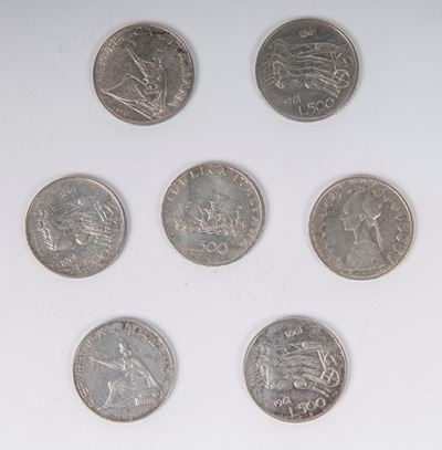 Lotto di Sette Pezzi da 500 Lire in Argento