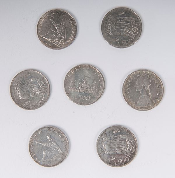 Lotto di sette pezzi da 500 lire in argento