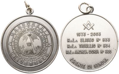 Medaglia Massoneria Universale Grande Oriente D'italia An. V. L. 5805, 1973 - 2003, R. L. "eliseo...