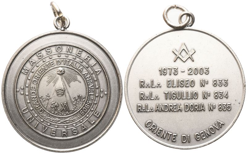 Medaglia Massoneria Universale Grande Oriente D'italia An. V. L. 5805, 1973 - 2003, R. L. "eliseo...