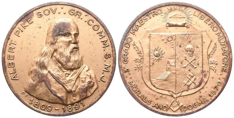 Medaglia "albert Pike" Sov. Gr. Comm. S. M. J. 1809 - 1891, 3° Grado Maestro Libero Muratore (40,...