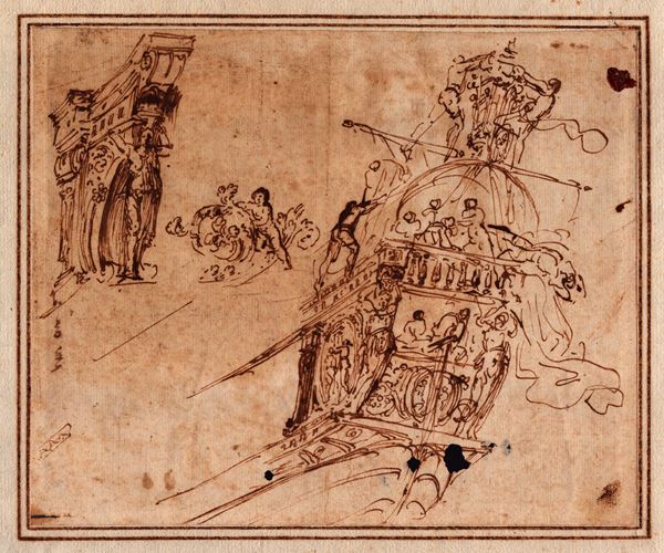 Sketch of a sailing ship with detail of the figurehead