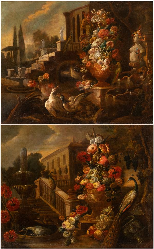 Nicola Casissa - a) Vase of flowers in the garden of a villa with ducks and a fountain; b) Vase of flowers in the garden of a villa with a staircase and peacocks. Pair of paintings