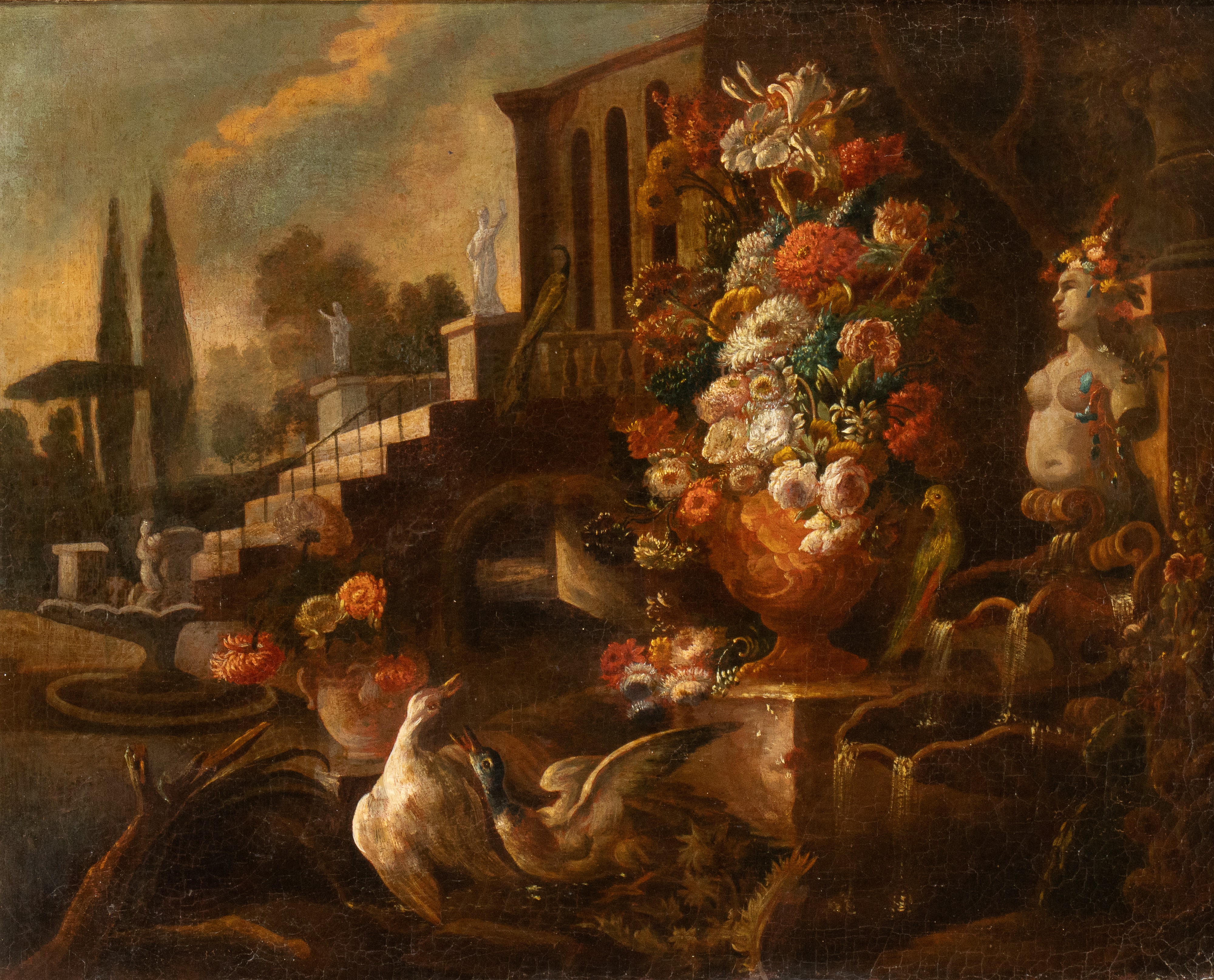 Nicola Casissa - A) Vaso di Fiori nel Giardino di una Villa con Anatre e Fontana; B) Vaso di Fior...