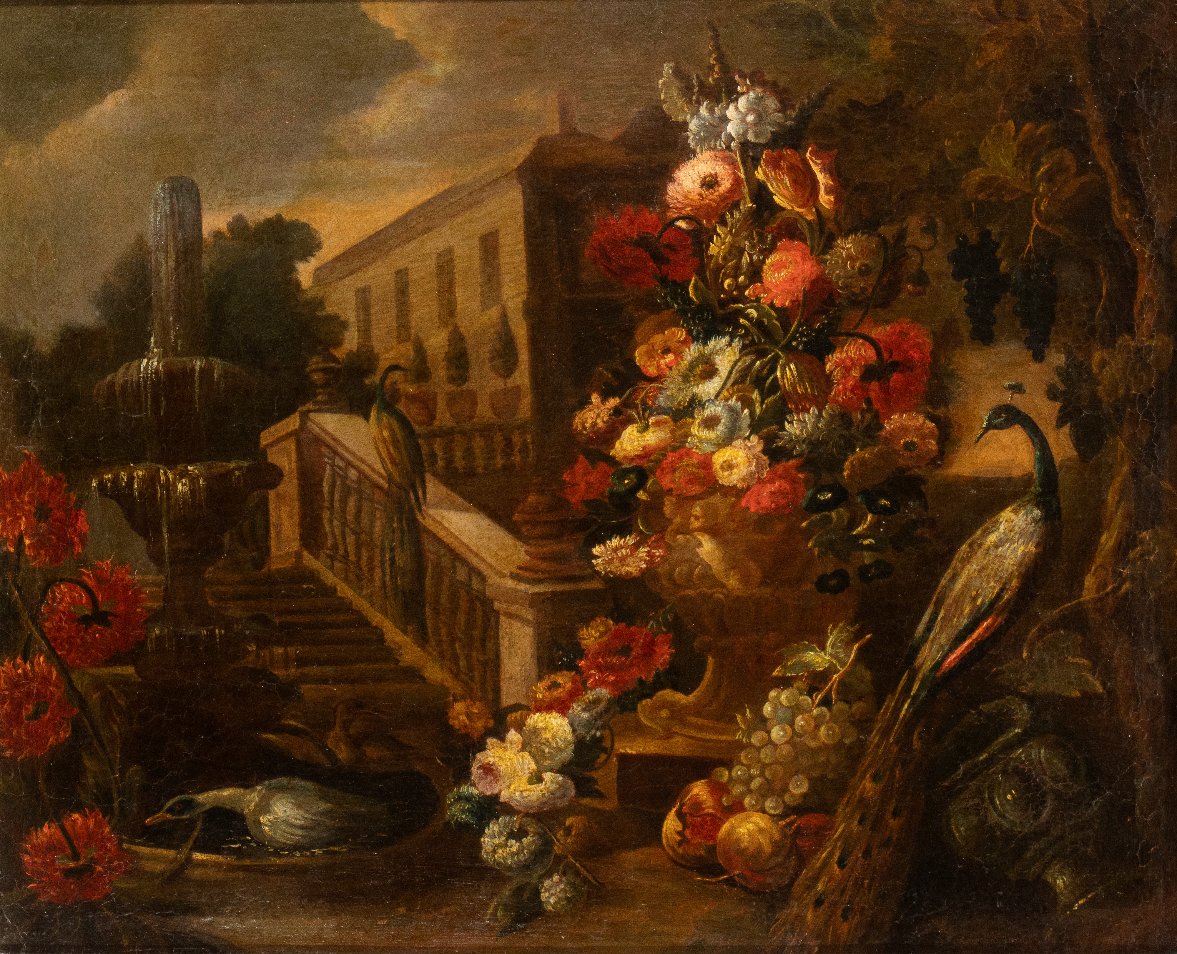 Nicola Casissa - A) Vaso di Fiori nel Giardino di una Villa con Anatre e Fontana; B) Vaso di Fior...