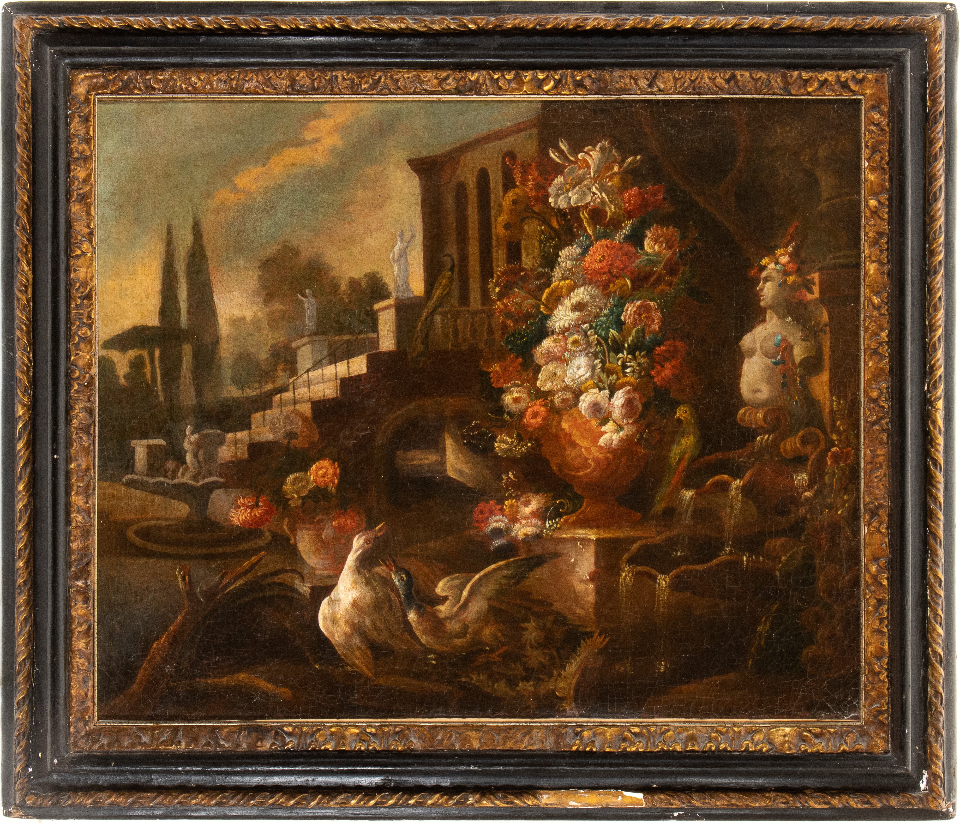 Nicola Casissa - A) Vaso di Fiori nel Giardino di una Villa con Anatre e Fontana; B) Vaso di Fior...