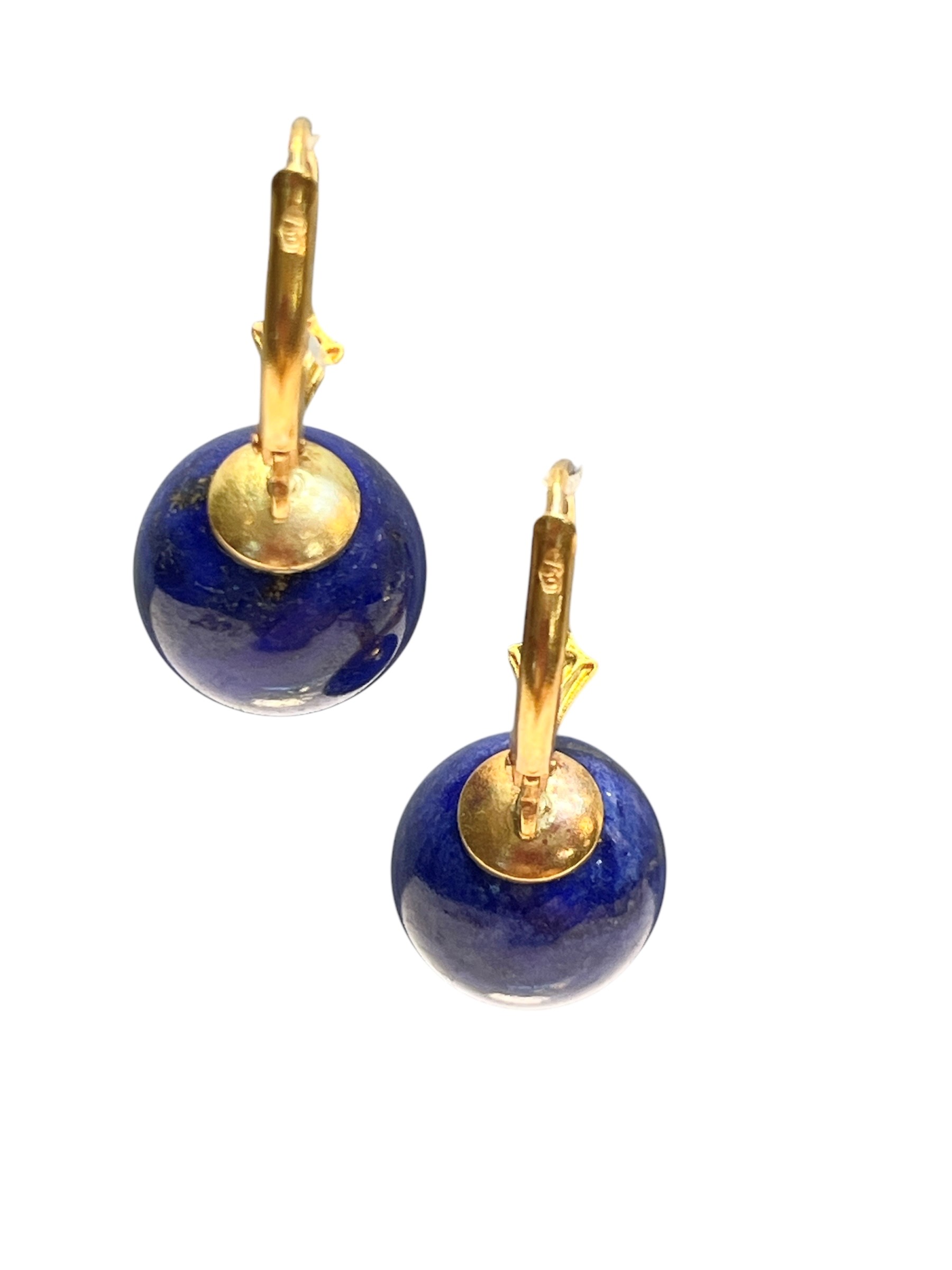 Orecchini in oro giallo 18k con sfere di lapislazzuli, punzonatura 750