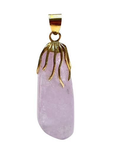 Pendente in oro 18k con kunzite, montatura lavorata a decoro floreale
