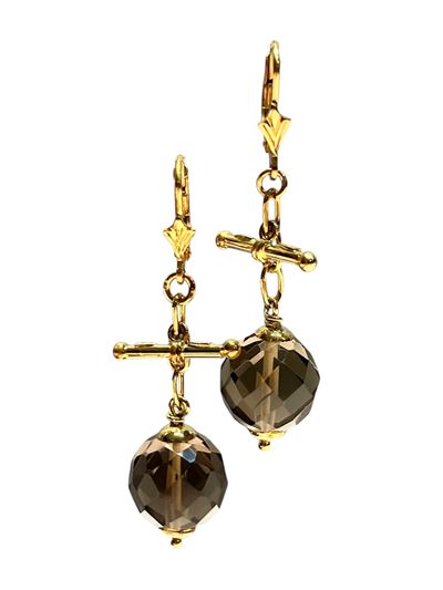 Oro 18 kt, Paio di orecchini pendenti in oro giallo e quarzo fumé