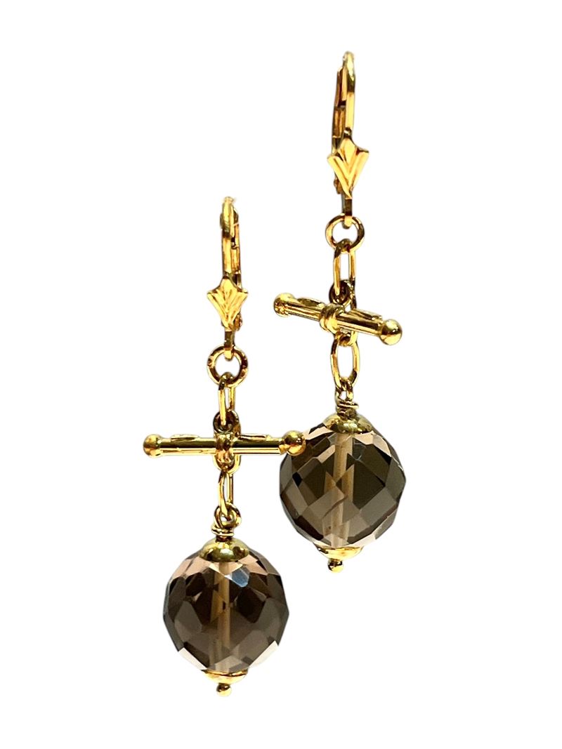 Oro 18 kt, Paio di orecchini pendenti in oro giallo e quarzo fumé