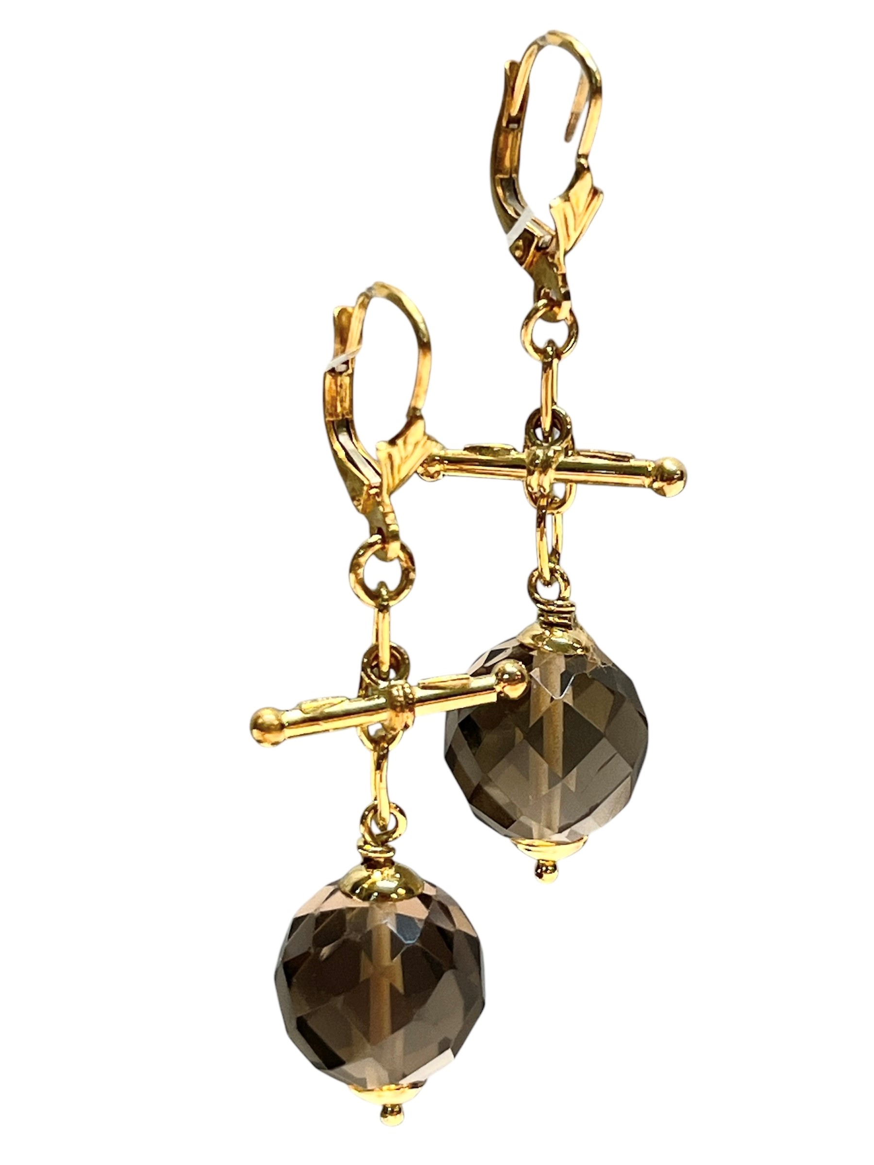 Oro 18 kt, Paio di orecchini pendenti in oro giallo e quarzo fumé