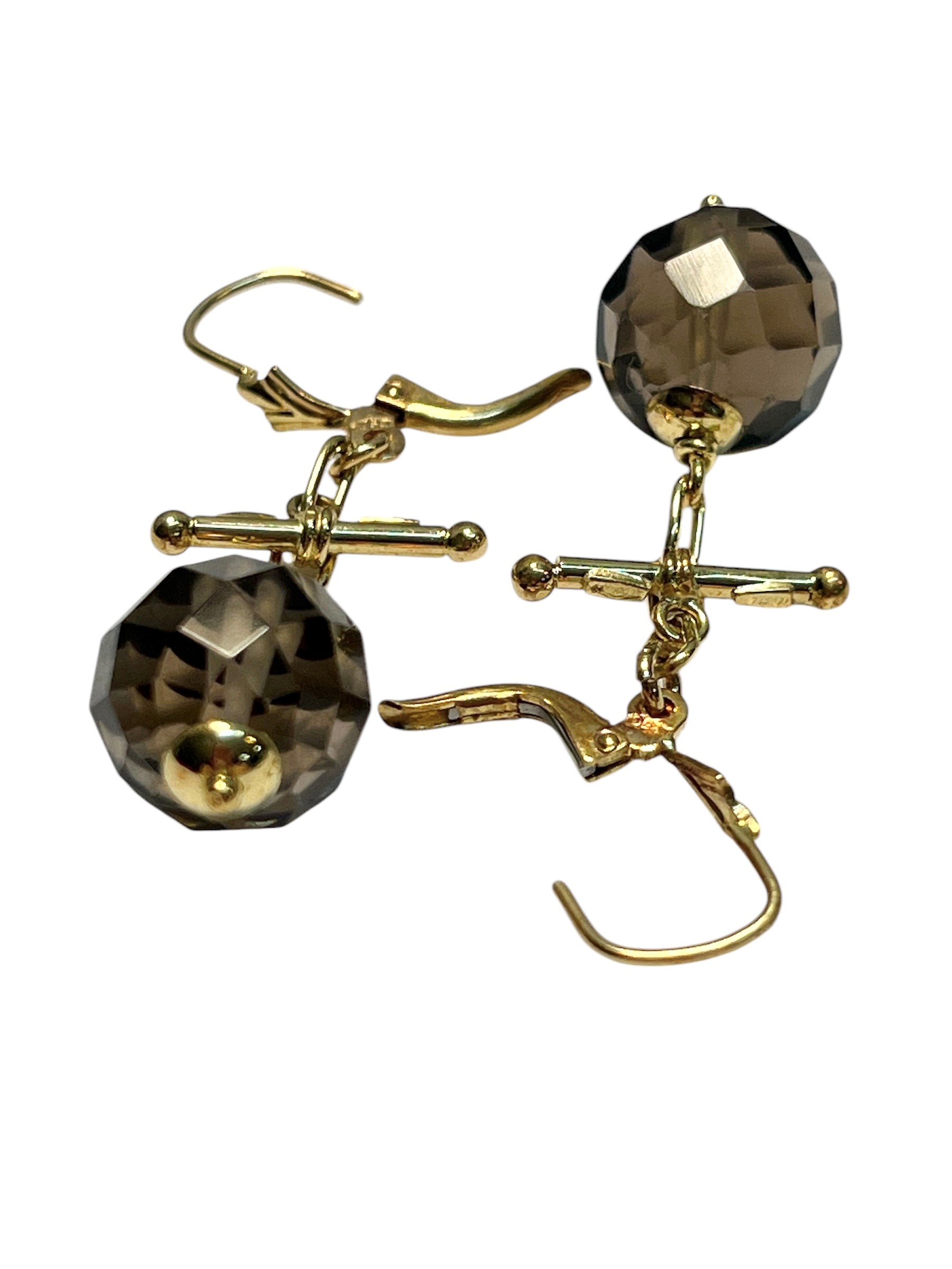 Oro 18 kt, Paio di orecchini pendenti in oro giallo e quarzo fumé