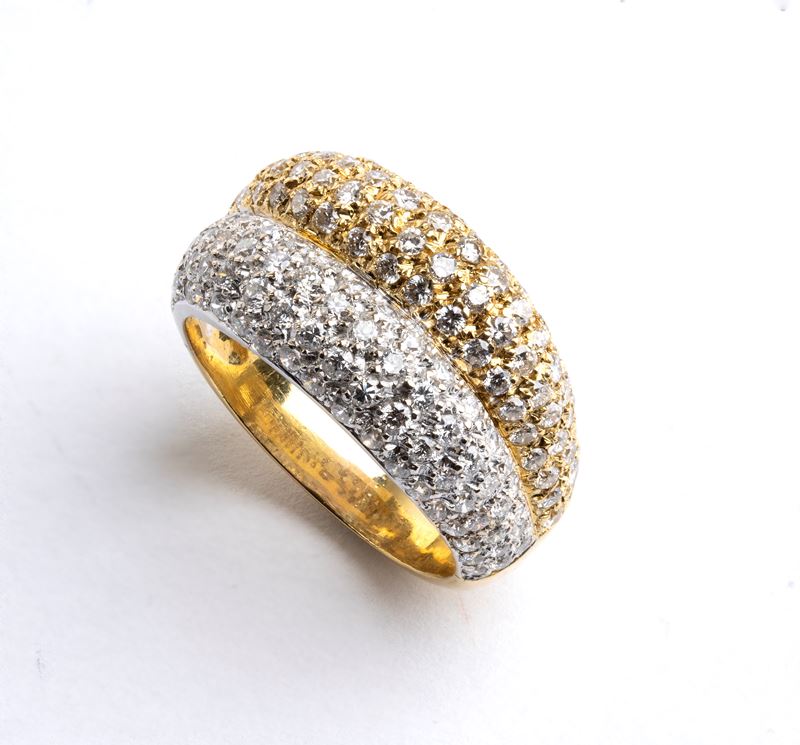 Anello in oro 18k con diamanti, doppia fascia in oro bianco e oro giallo