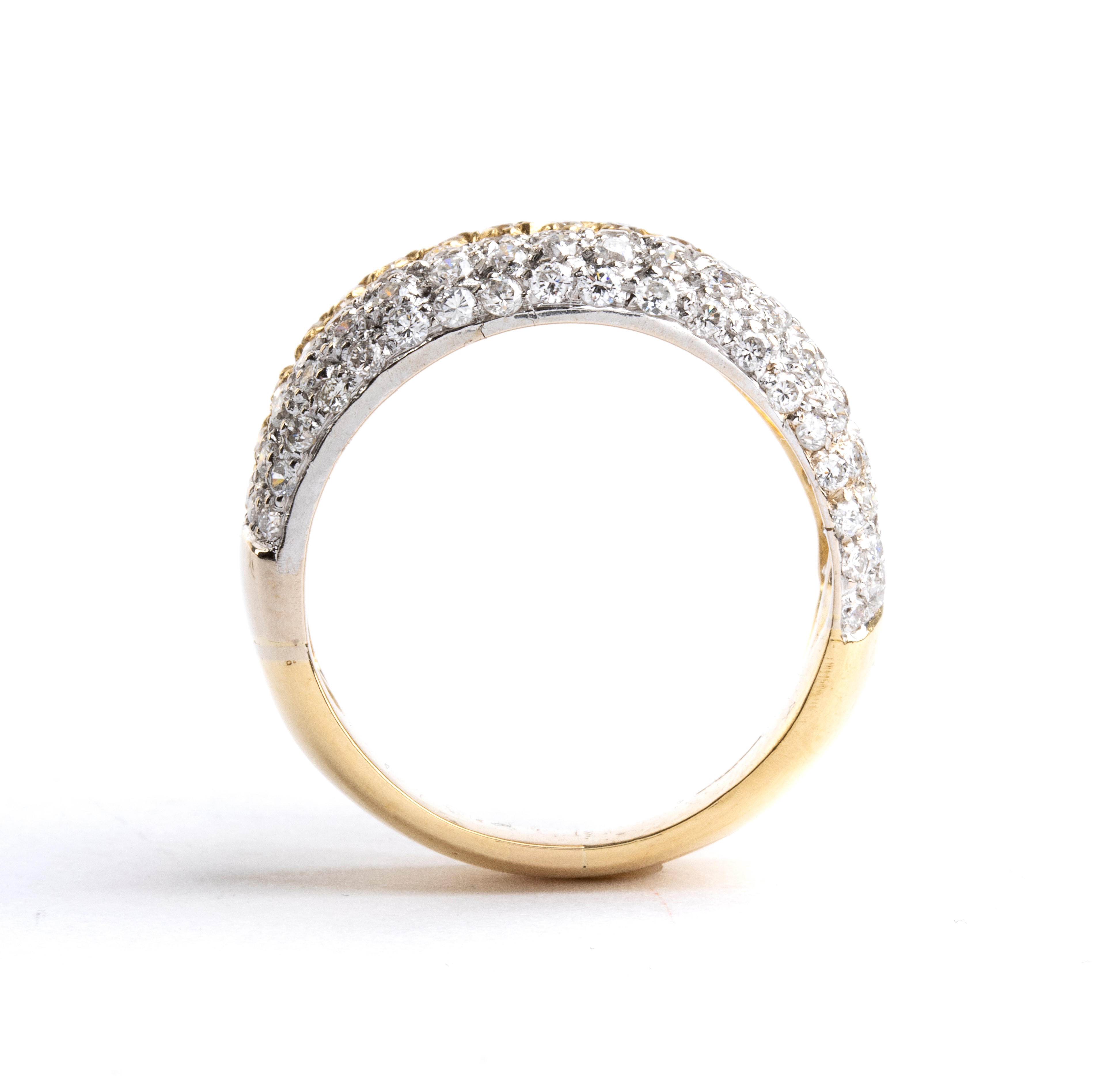 Anello in oro 18k con diamanti, doppia fascia in oro bianco e oro giallo