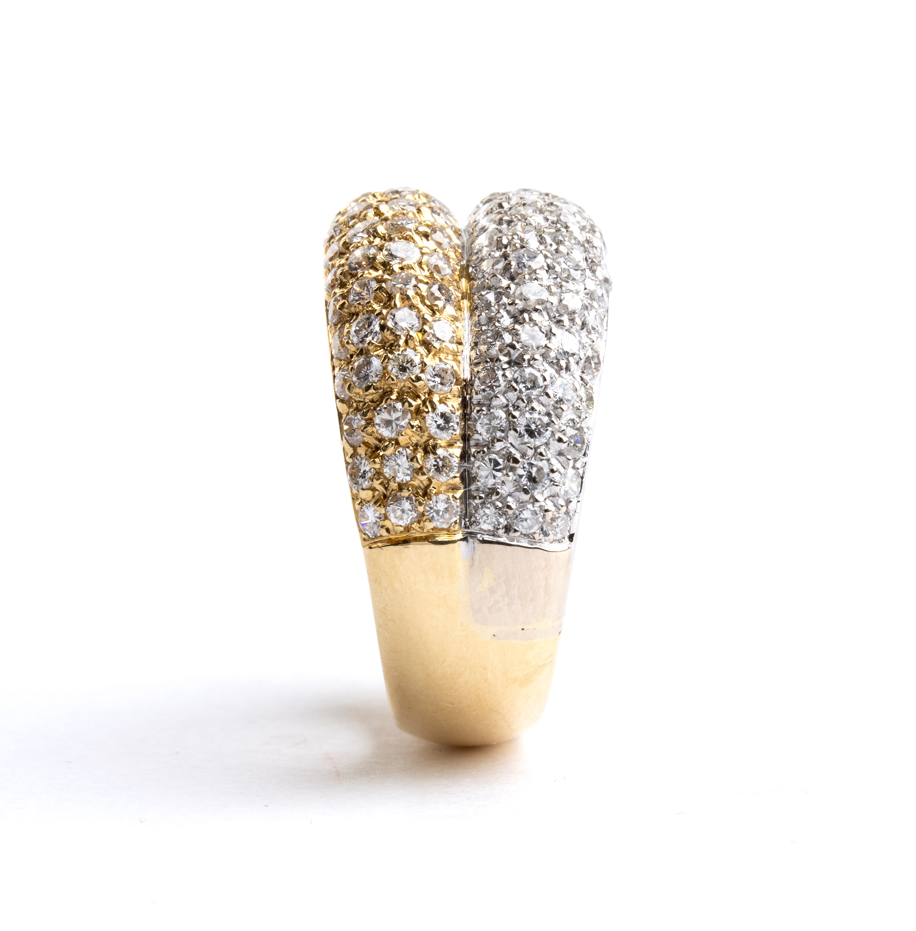 Anello in oro 18k con diamanti, doppia fascia in oro bianco e oro giallo