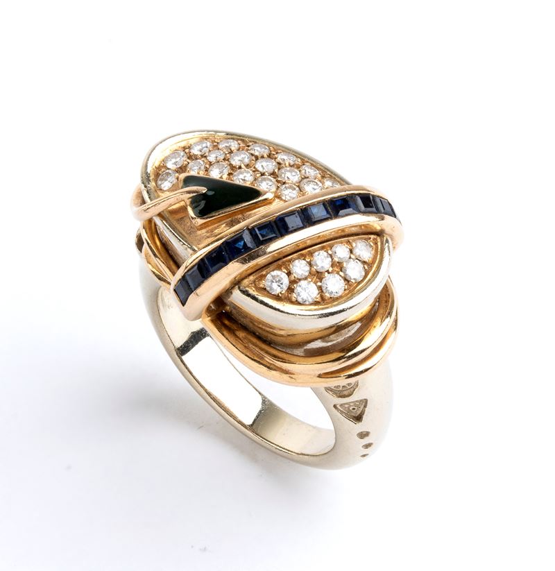 Anello in oro, diamanti, tsavorrite e zaffiri