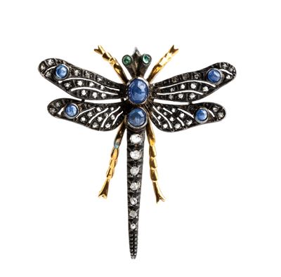 Libellula Art Nouveau, spilla in oro giallo e argento con diamanti, zaffiri e smeraldi (inizio XX...