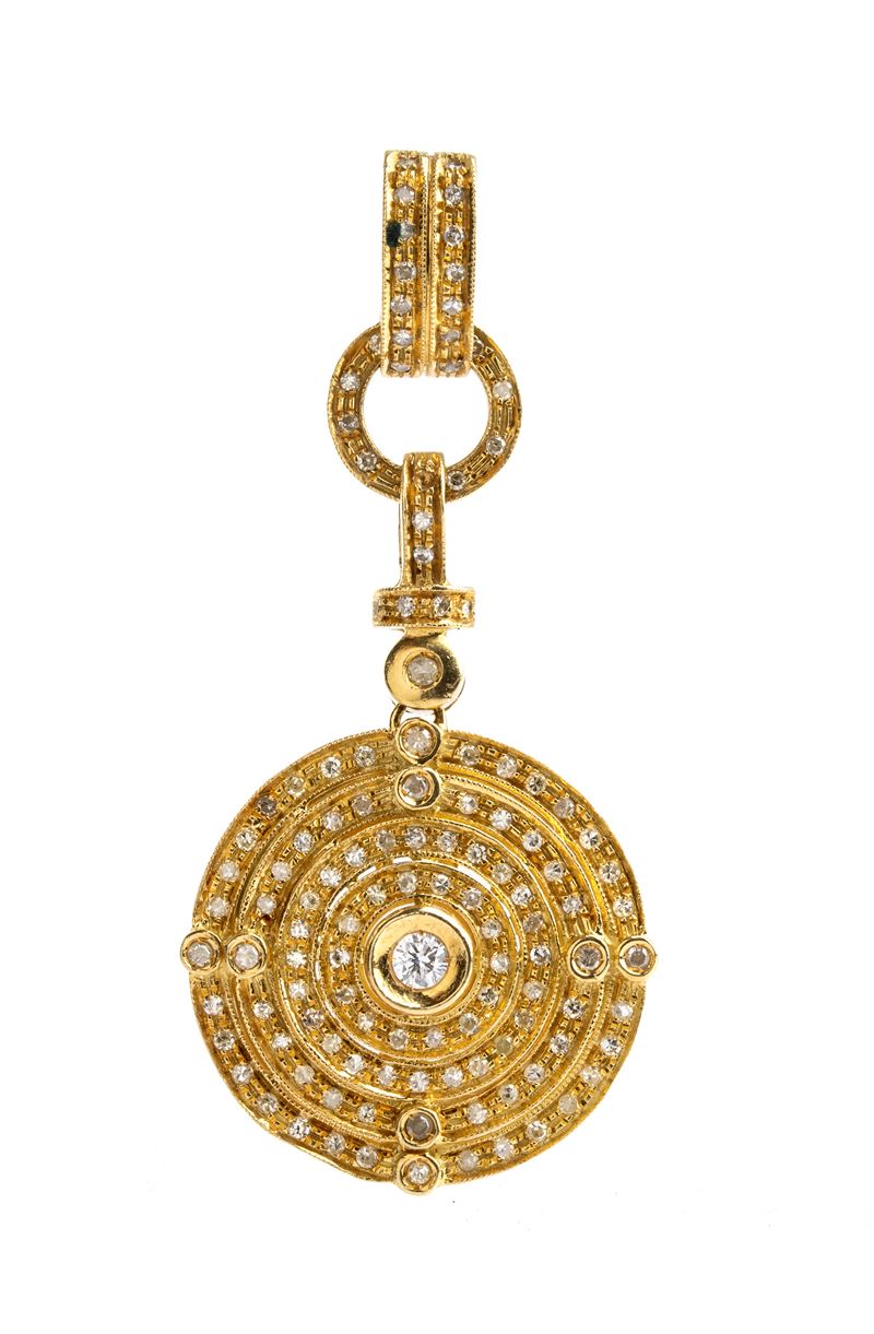 Oro 18k, Pendente con diamanti e motivo a cerchi concentrici