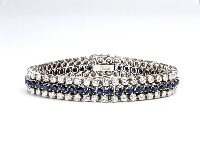 Bracciale in oro bianco con zaffiri e diamanti, con chiusura a fila singola