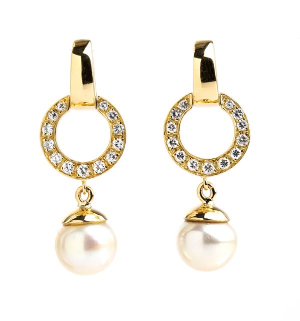 Diamond, pearl, drop gold pair of earrings