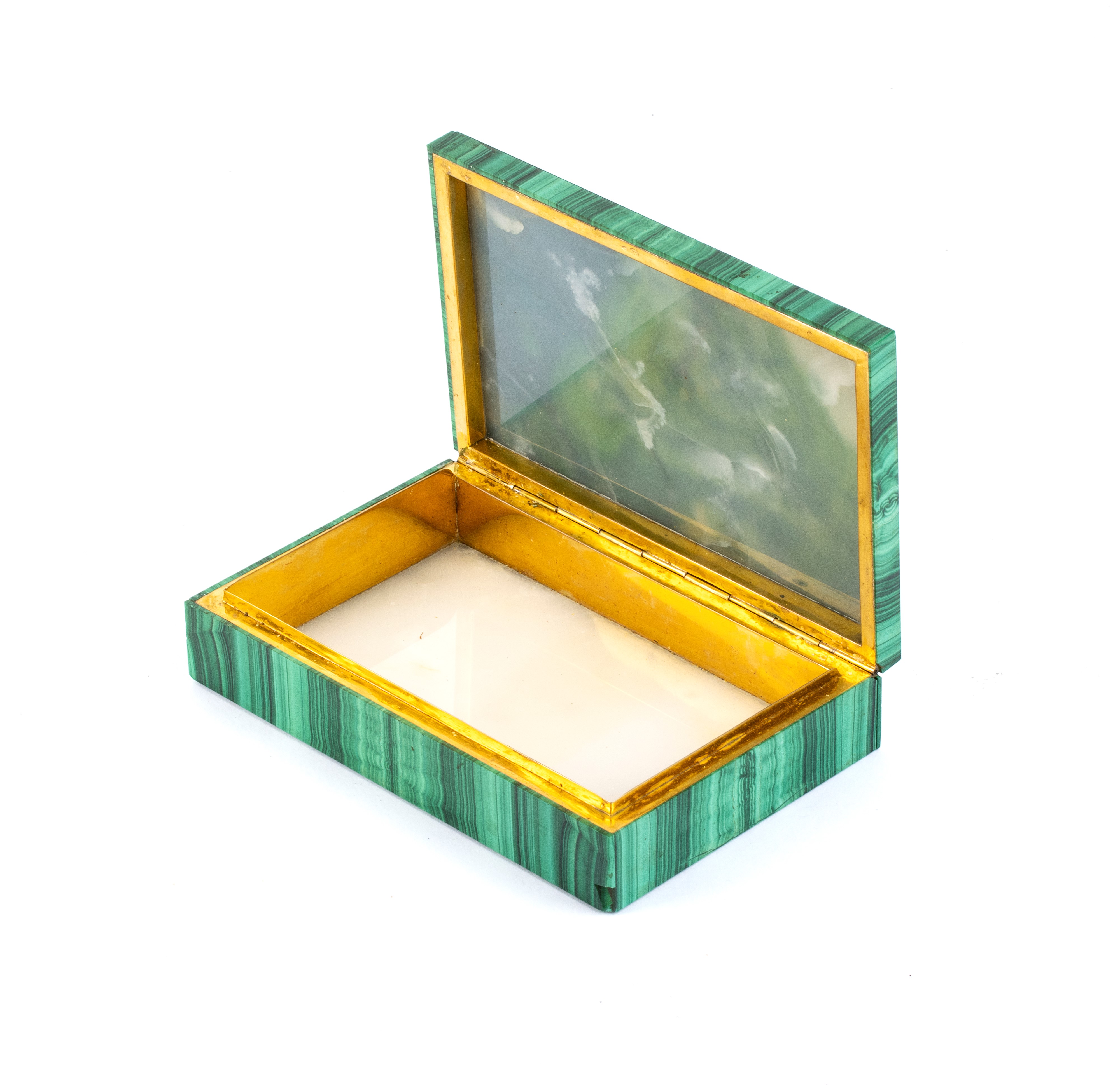 Scatola quadrata in malachite con coperchio incernierato e interno in argento dorato (punzone 800...