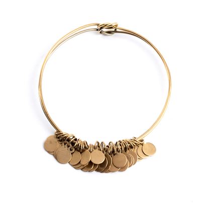 Bracciale rigido in oro bianco e oro giallo, doppio cerchio con pendenti a forma di medagliette