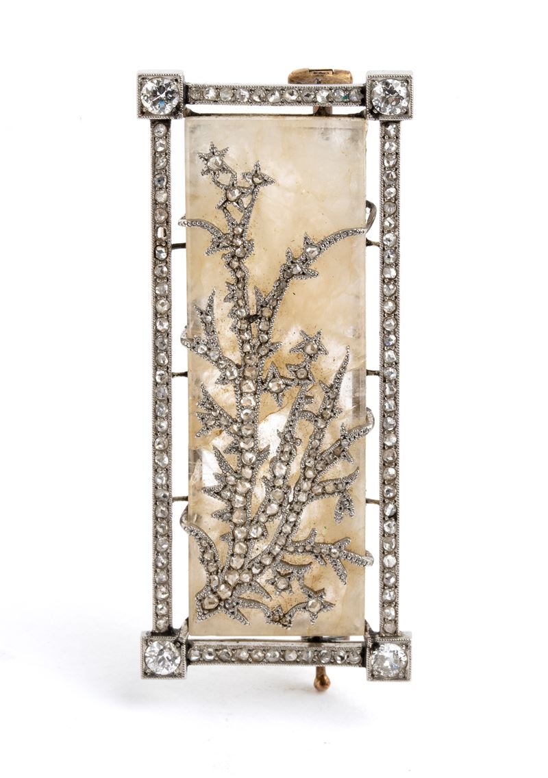 Spilla Art Déco in platino con diamanti e cristallo di rocca, anni ’30