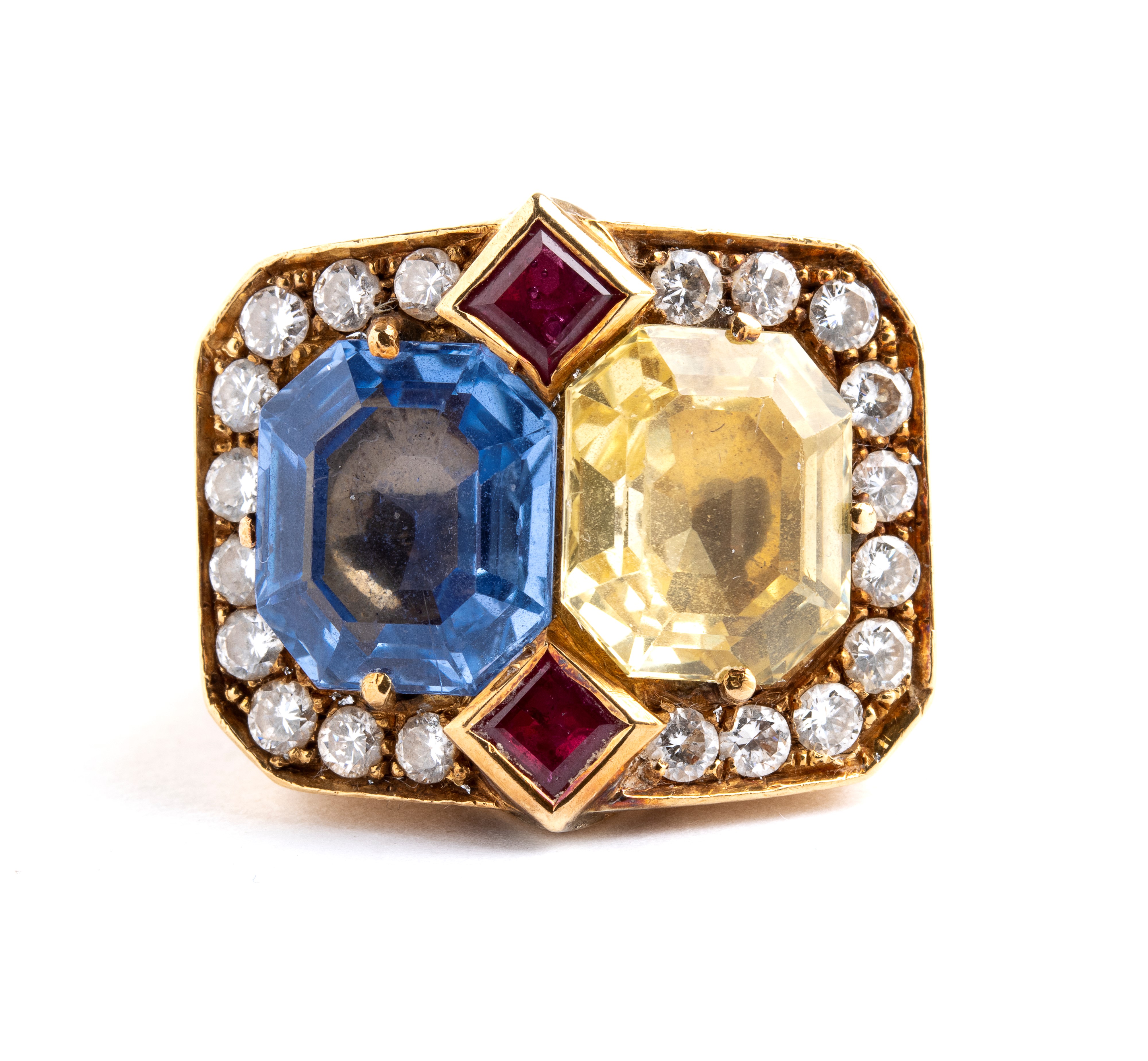 Anello da cocktail in oro con zaffiri e diamanti