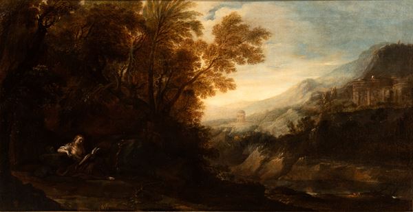 Artista fiammingo attivo a Roma, primo quarto XVII secolo - Mary Magdalene in a landscape with the temple of Sibyl on the background