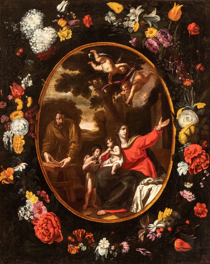 Artista Emiliano, XVII Secolo - Ghirlanda di Fiori con Sacra Famiglia e San Giovannino