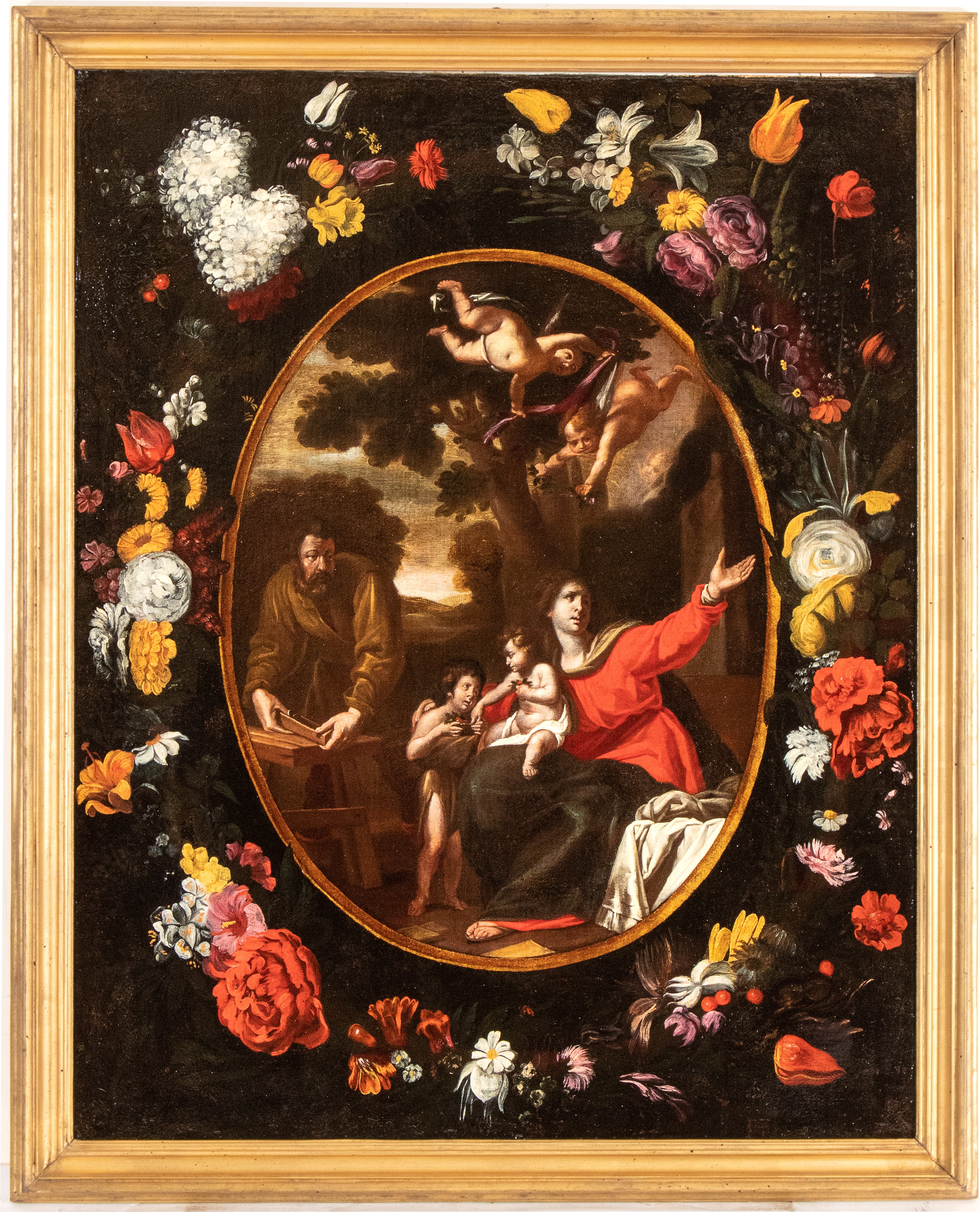 Ghirlanda di fiori con Sacra Famiglia e San Giovannino