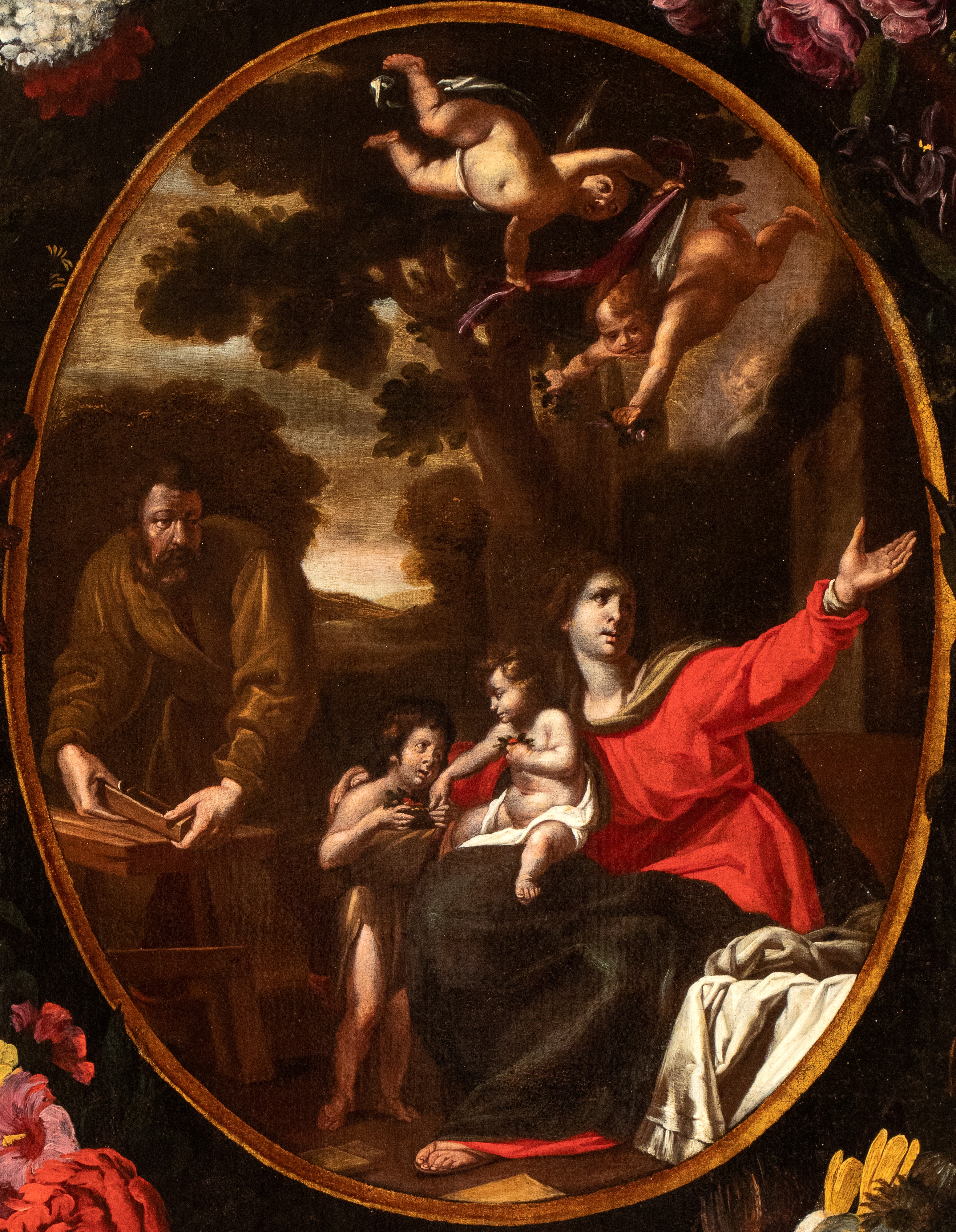 Ghirlanda di fiori con Sacra Famiglia e San Giovannino