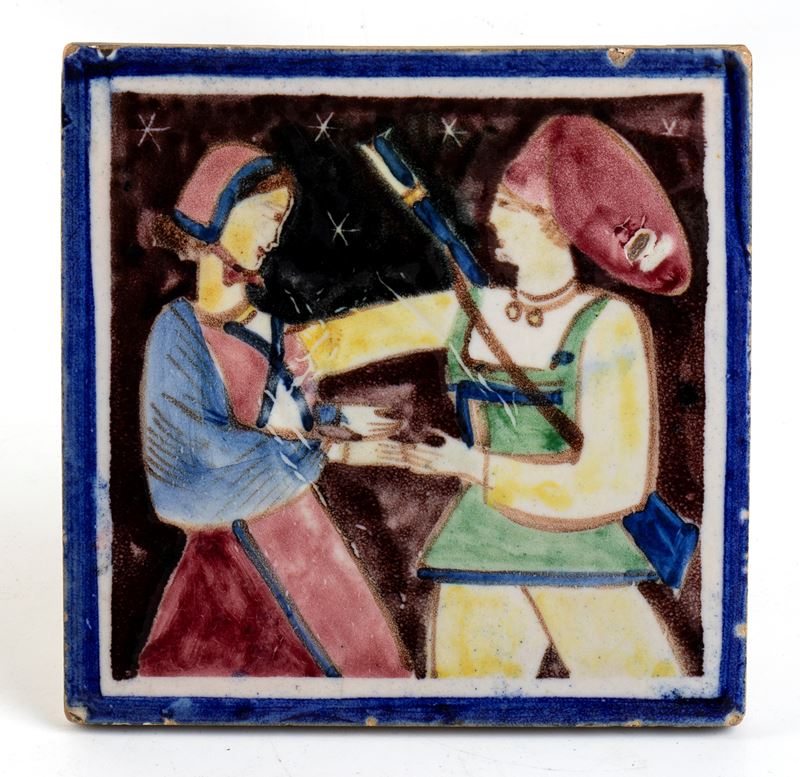 Mattonella con decorazione di personaggi in costumi sardi