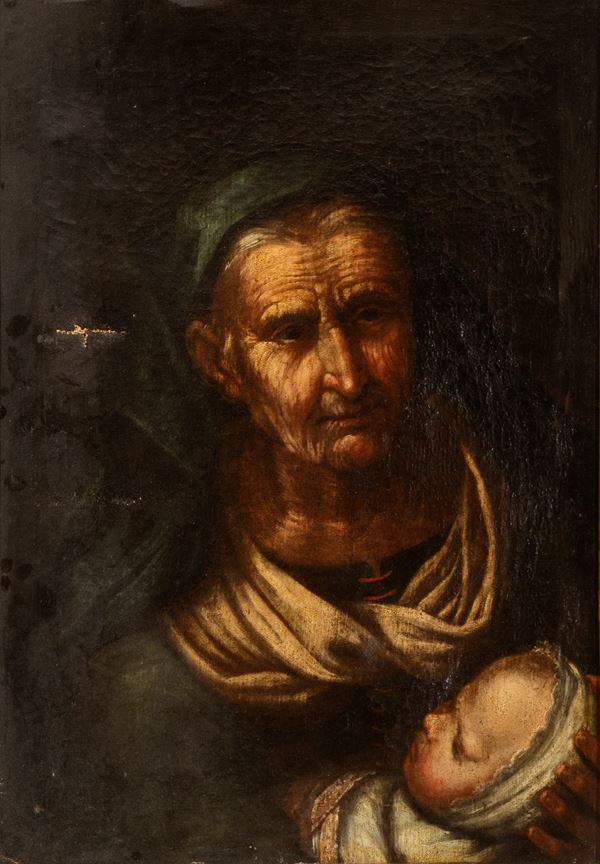 Artista lombardo, XVIII secolo - Elderly nurse with a newborn