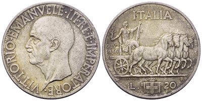 Vittorio Emanuele III, 20 Lire «Impero» 1936 — Regno d’Italia (Ag, 20,14 g; 35,3 mm)