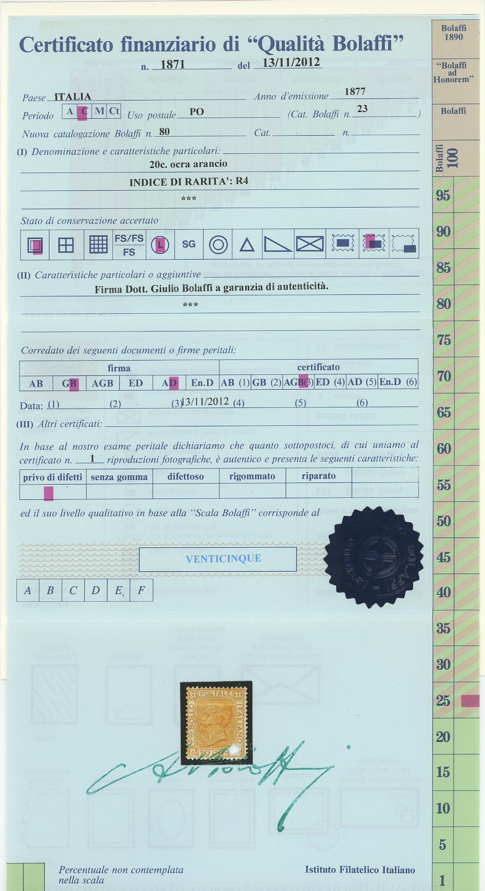 Regno - Bigola, 20 Cent. Nuovo con Gomma Originale