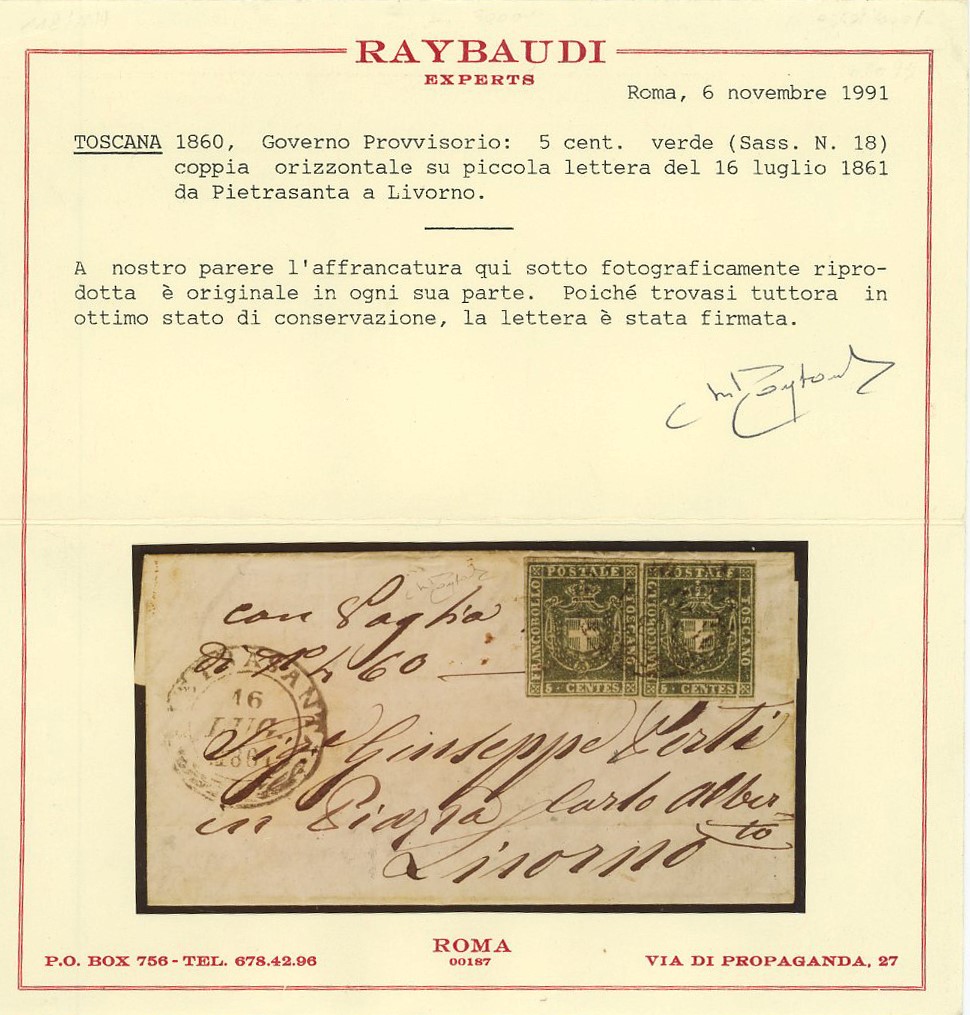 Toscana - Gov. Provvisorio, Splendida Coppia del 5 Cent. su Lettera.