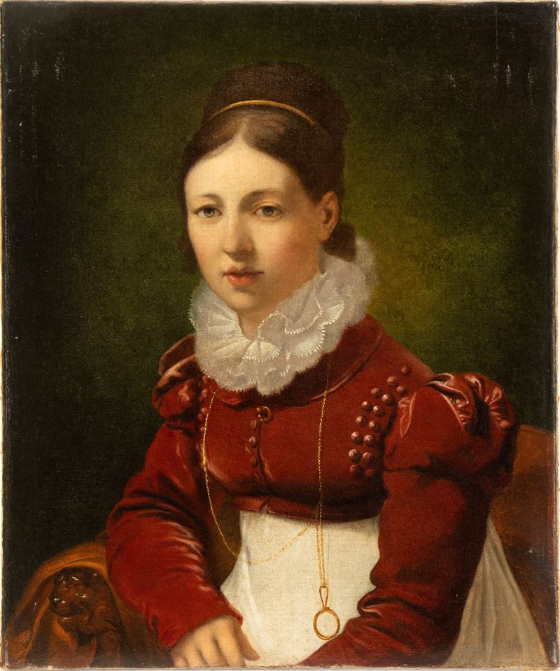 Artista Anonimo, XIX Secolo - Ritratto di Giovane Dama con Corpetto Rosso