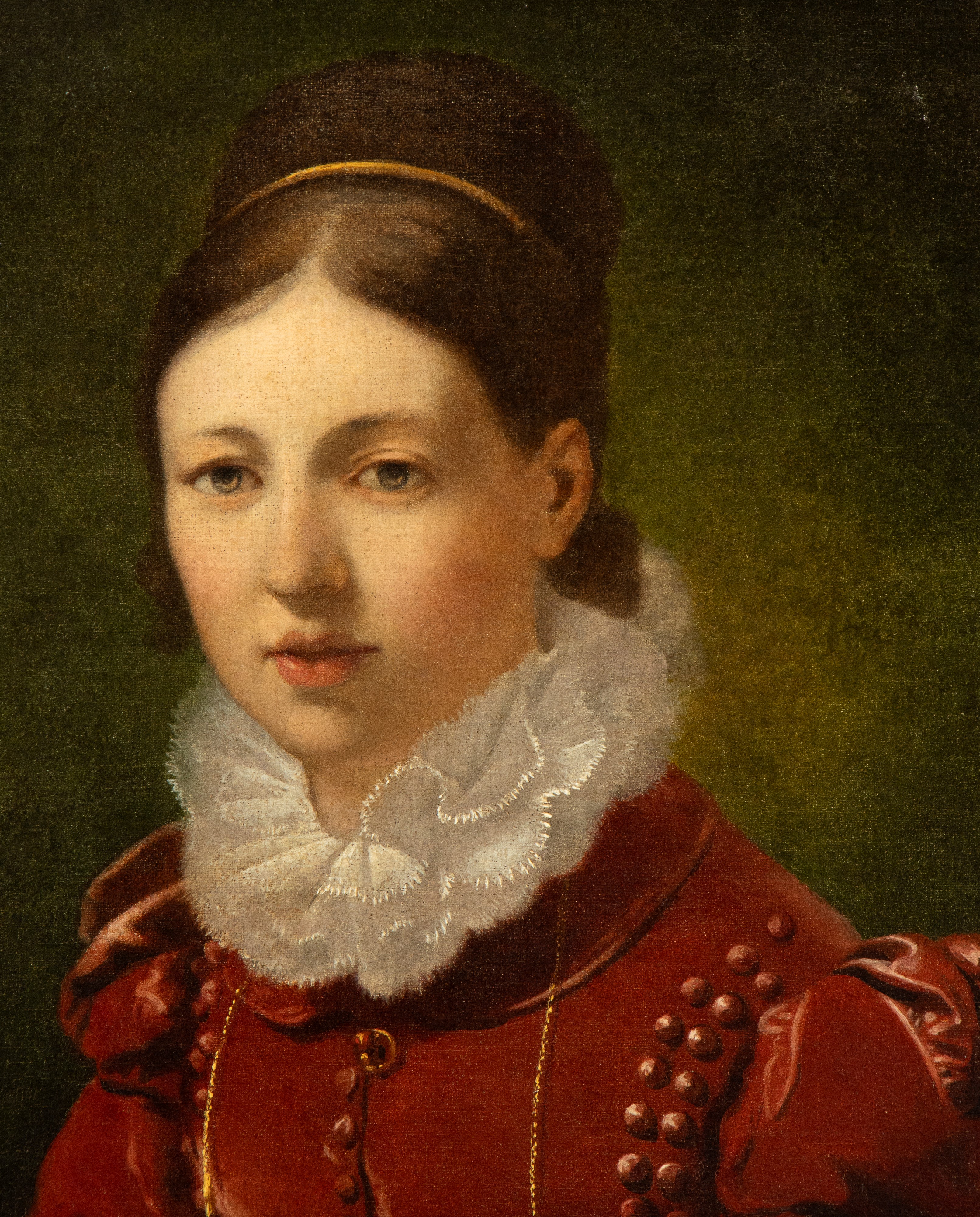 Artista Anonimo, XIX Secolo - Ritratto di Giovane Dama con Corpetto Rosso