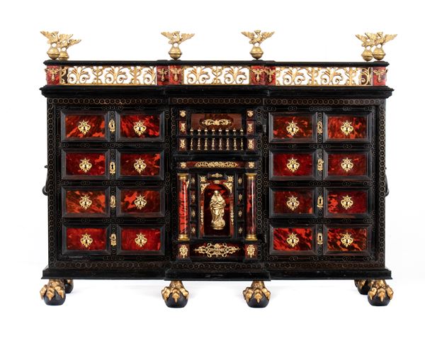 Italian ebonized wood and tortoiseshell coin cabinet