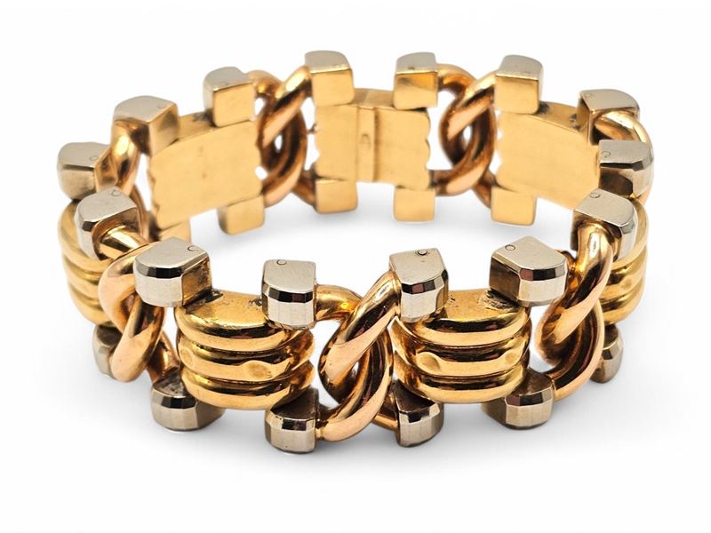 Bracciale tank, oro bianco e oro giallo 18k, anni ’40